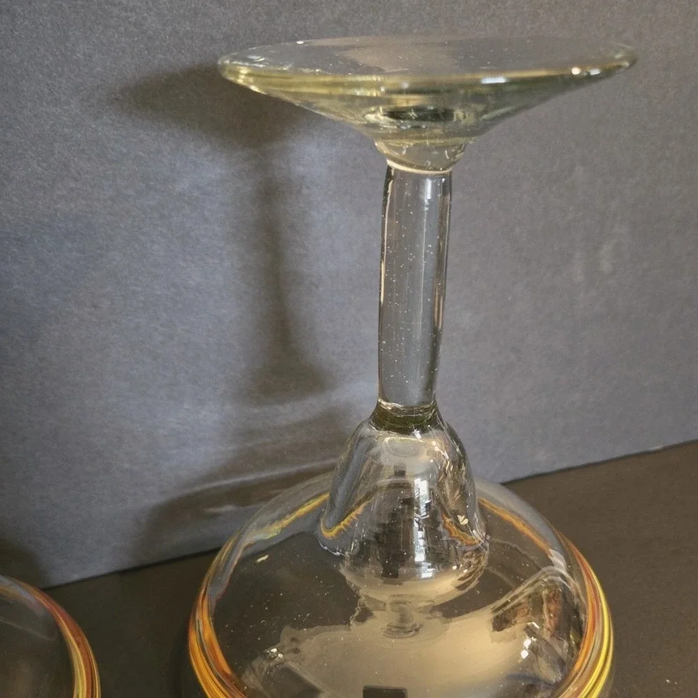 Mexican Hand Blown Margarita Glasses Set of 2‎ Orange Yellow Red Swirl Rim 7in